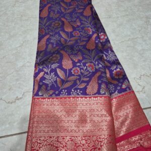Elegant Royal Purple Silk Saree with Floral Zari Design & Pink Border