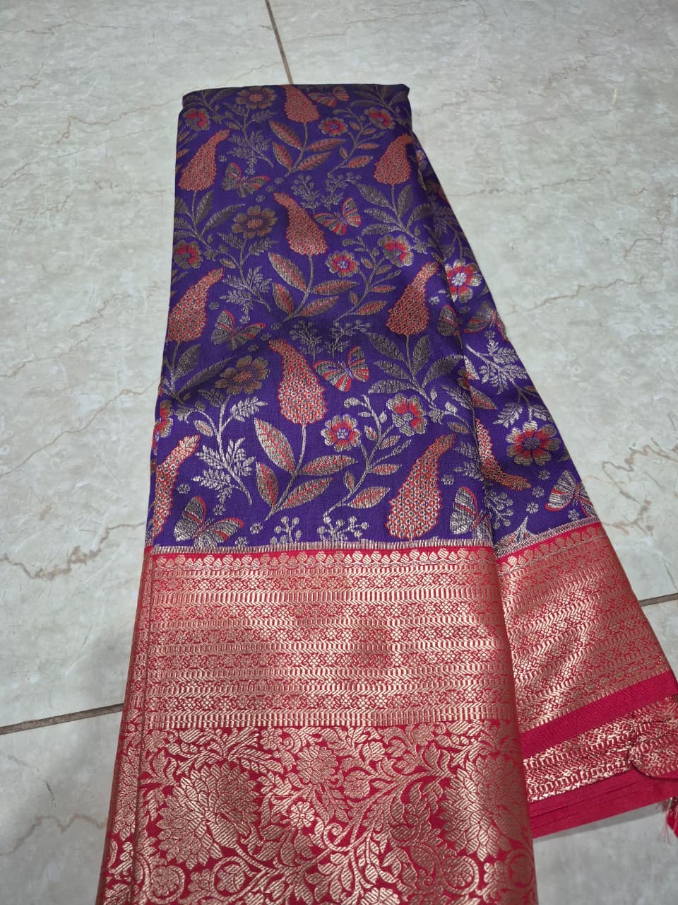 Elegant Royal Purple Silk Saree with Floral Zari Design & Pink Border