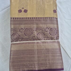 Elegant Light Gold Silk Saree with Purple Motifs & Rich Zari Border