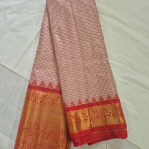 Elegant Peach Checked Saree with Red & Gold Zari Temple Border