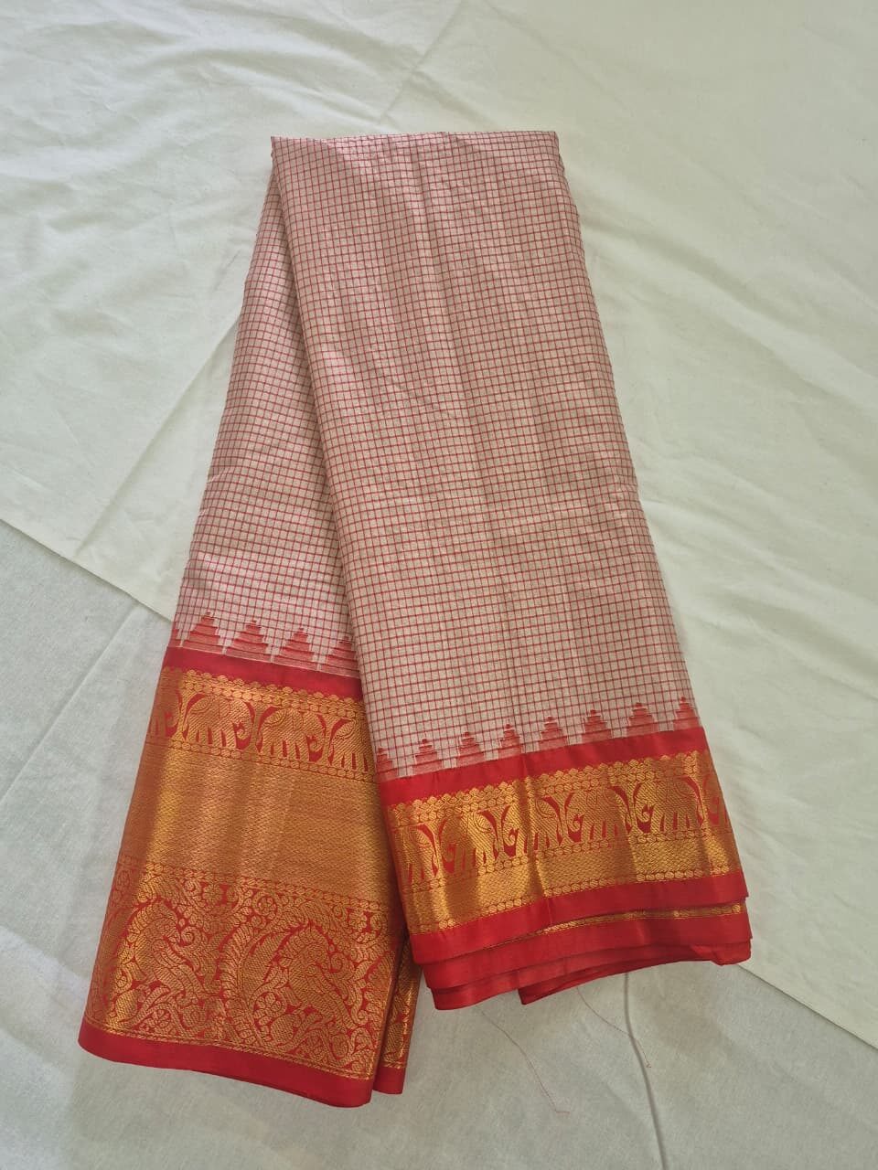Elegant Peach Checked Saree with Red & Gold Zari Temple Border