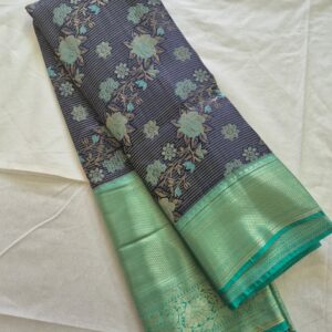 Elegant Navy Blue Floral Saree with Mint Green Zari Border