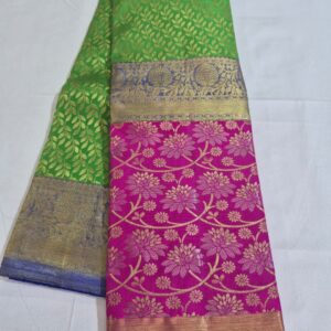 Elegant Parrot Green & Rani Pink Silk Saree with Contrast Zari Border