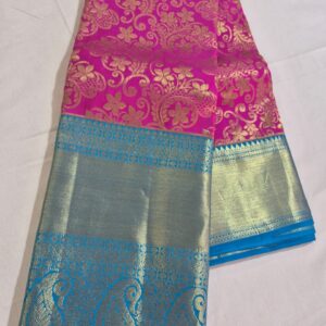 Elegant Rani Pink Silk Saree with Sky Blue & Gold Zari Border